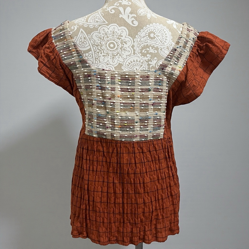 Rust Orange Entro Boho Embroidered Square Neck Ruffle Sleeve Top Size Small - Picture 10 of 10